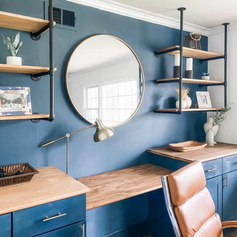 Blue Office With Built-in Cabinets