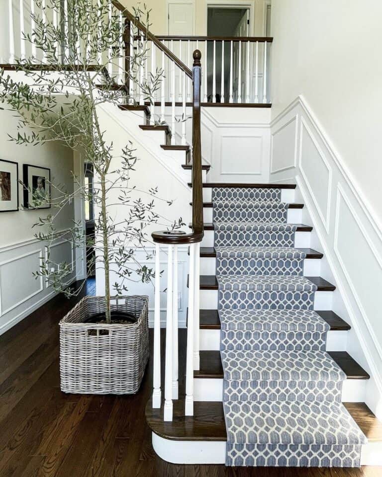 Blue Patterned Stair Runner Inspiration for a Wooden Staircase