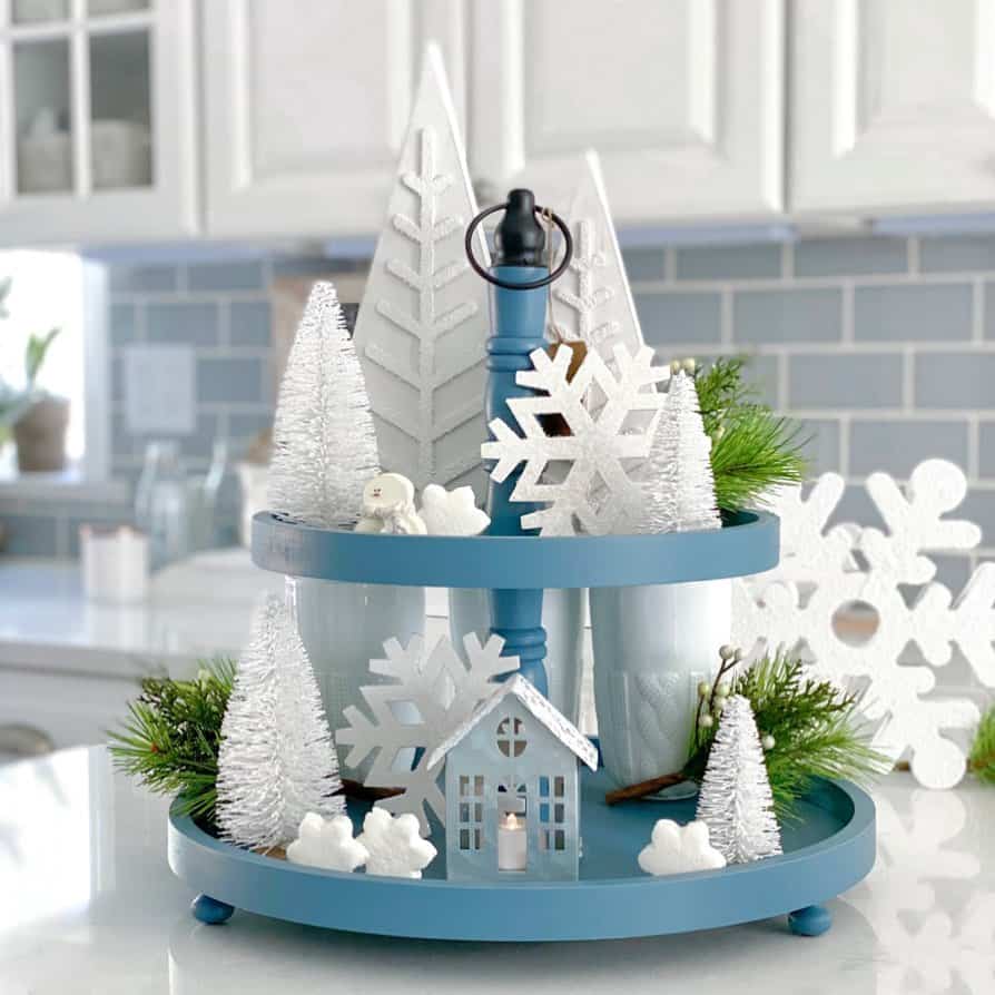 Blue Two-tiered Tray With Christmas-themed Decorations