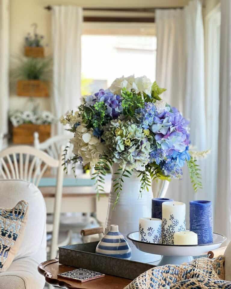 Blue and White Flowers on a Galvanized Tray