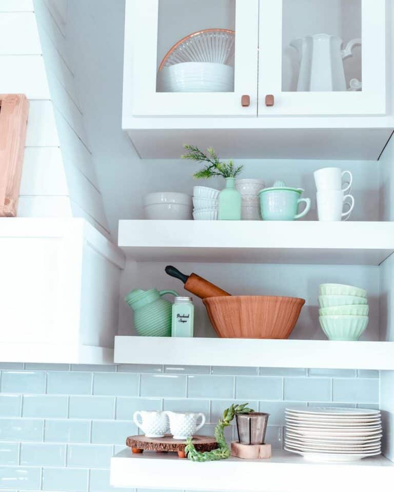 Blue and White Shelf Display for Neutral Kitchen
