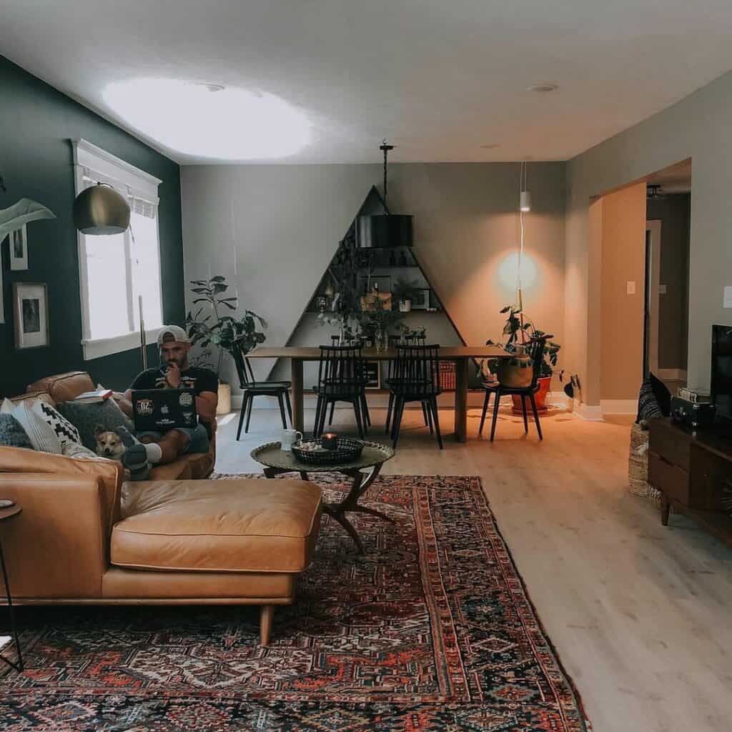 Bohemian Living Room With Tan Leather Sofa