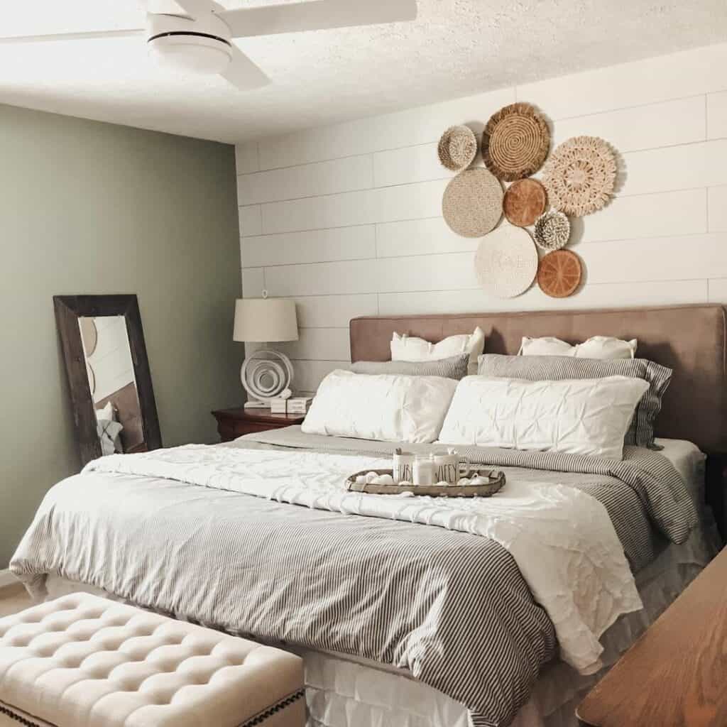 Boho-farmhouse Bedroom Setup With the Bed Against the Wall