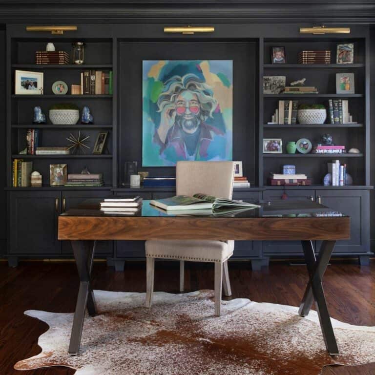 Bold Home Office With Black Built-In Shelves