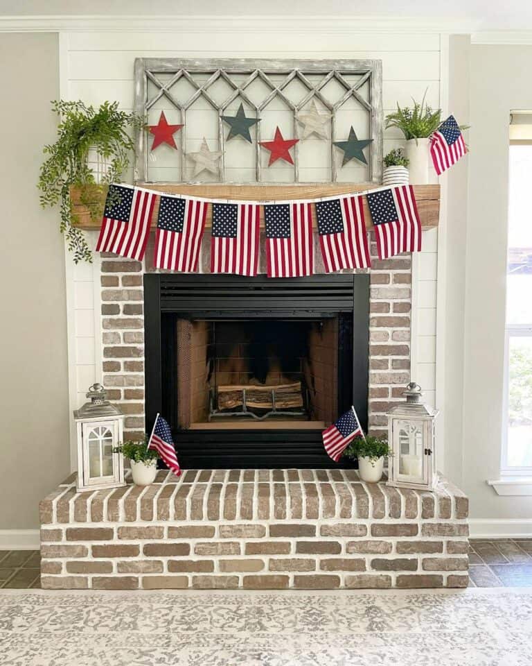Brick Fireplace With American Flag Garland
