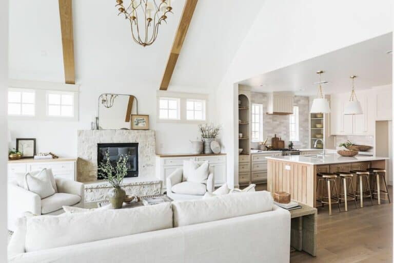 Bright Living Room With Wood Ceiling Beams