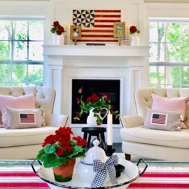 Bright Patriotic Living Room With Red Accents