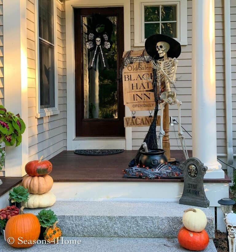 Bright Pumpkin and Spooky Skeleton Door Decorations