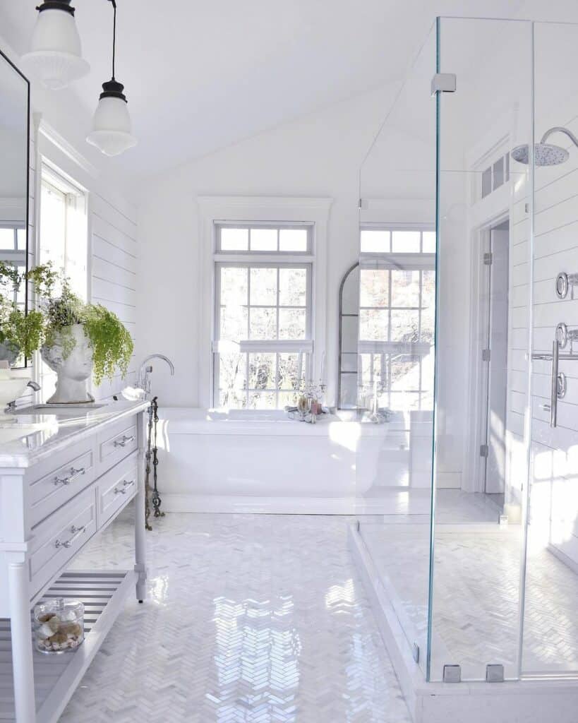 Bright White Herringbone Tile Bathroom