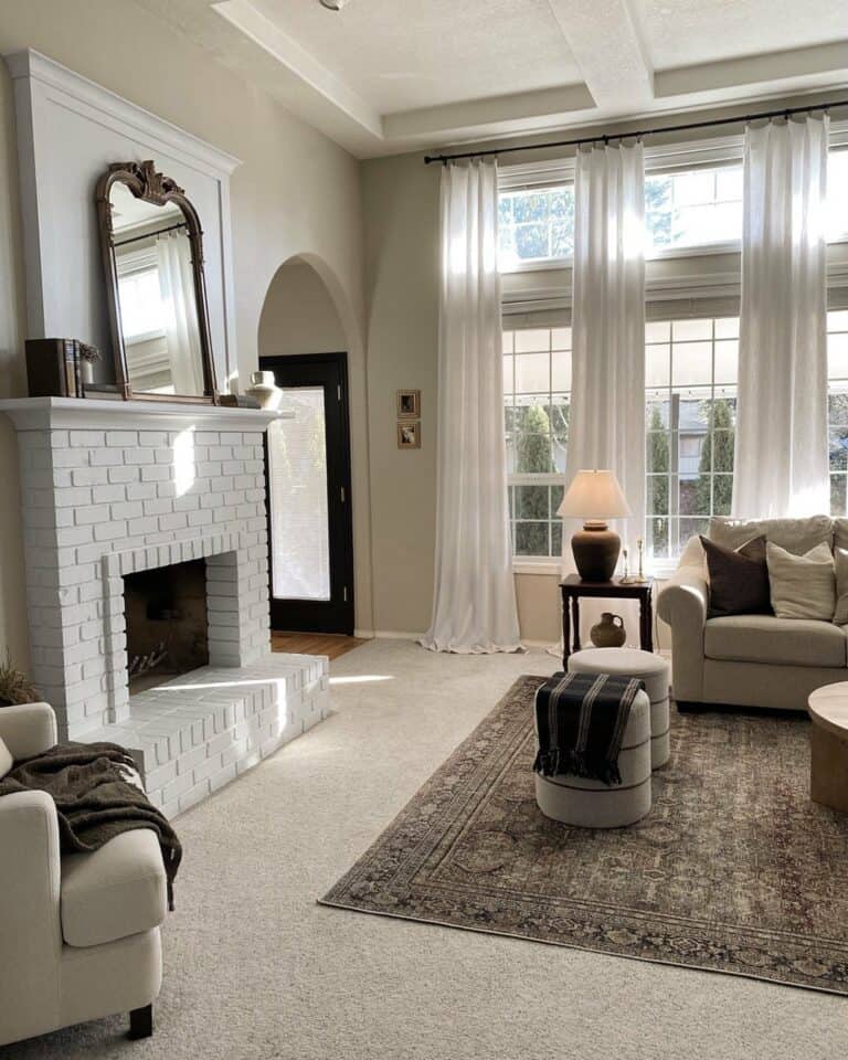 Brown Area Rug and Long White Curtains For Neutral Room