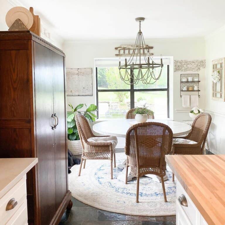 Brown Beaded Chandelier Over a White Dining Table