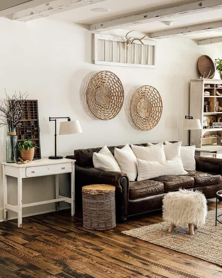 Brown Leather Couch and Organic Living Room Décor