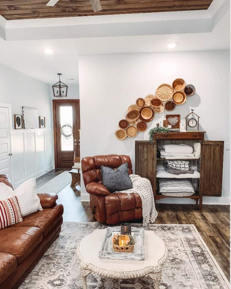 Brown Leather Furniture and Rustic Wooden Cabinet