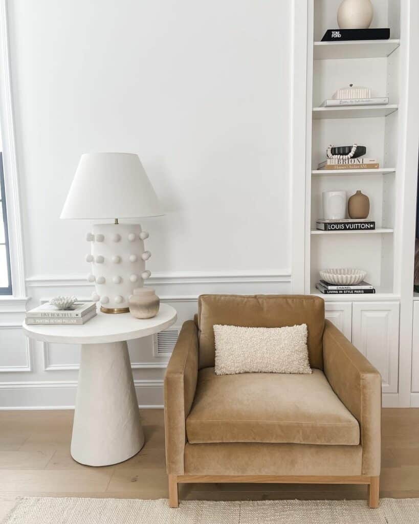 Brown Velvet Armchair in White Living Room
