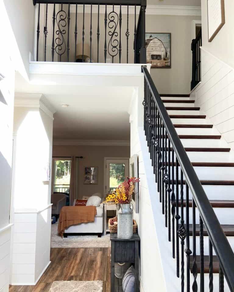 Brown and White Farmhouse Entryway Staircase