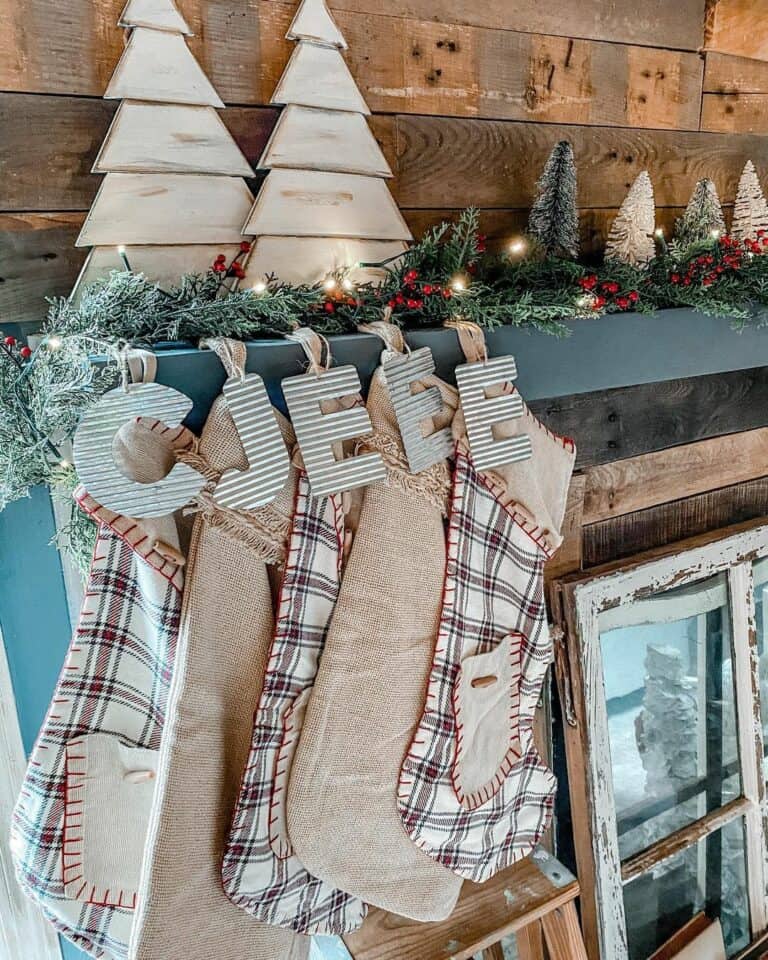 Burlap and Plaid Stockings for Christmas Mantel Décor