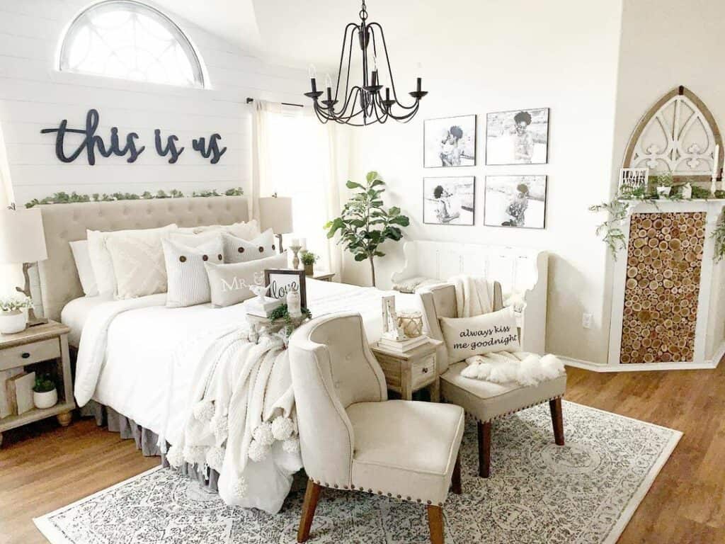 Calming Farmhouse Bedroom With Faux Fireplace