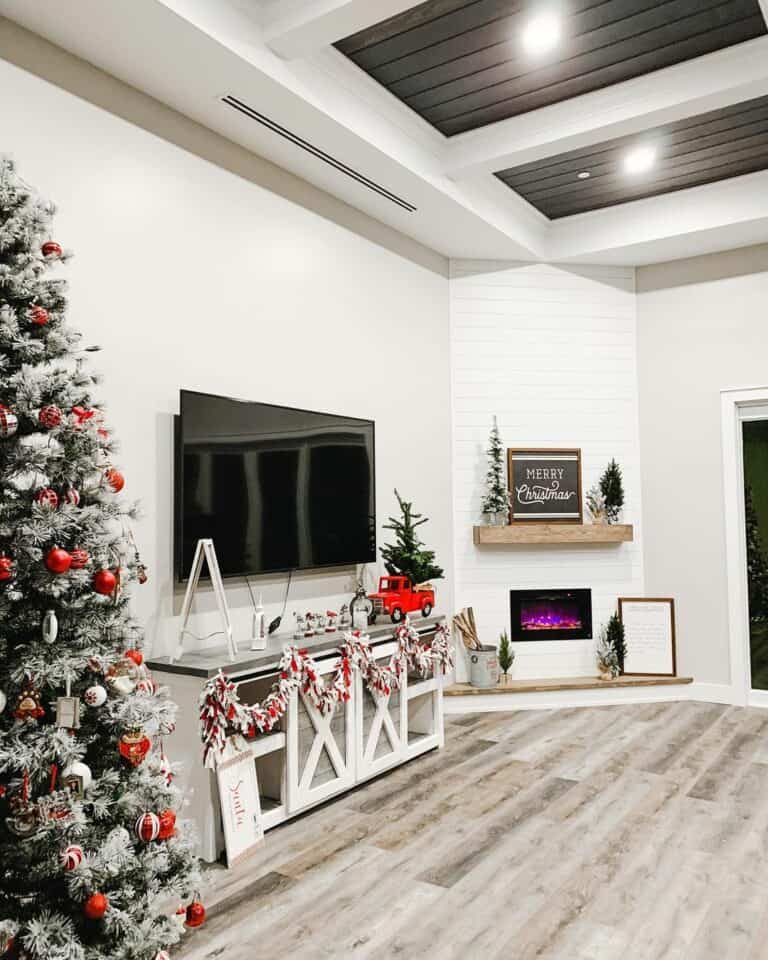 Christmas Décor Under Dark Wood Coffered Ceiling