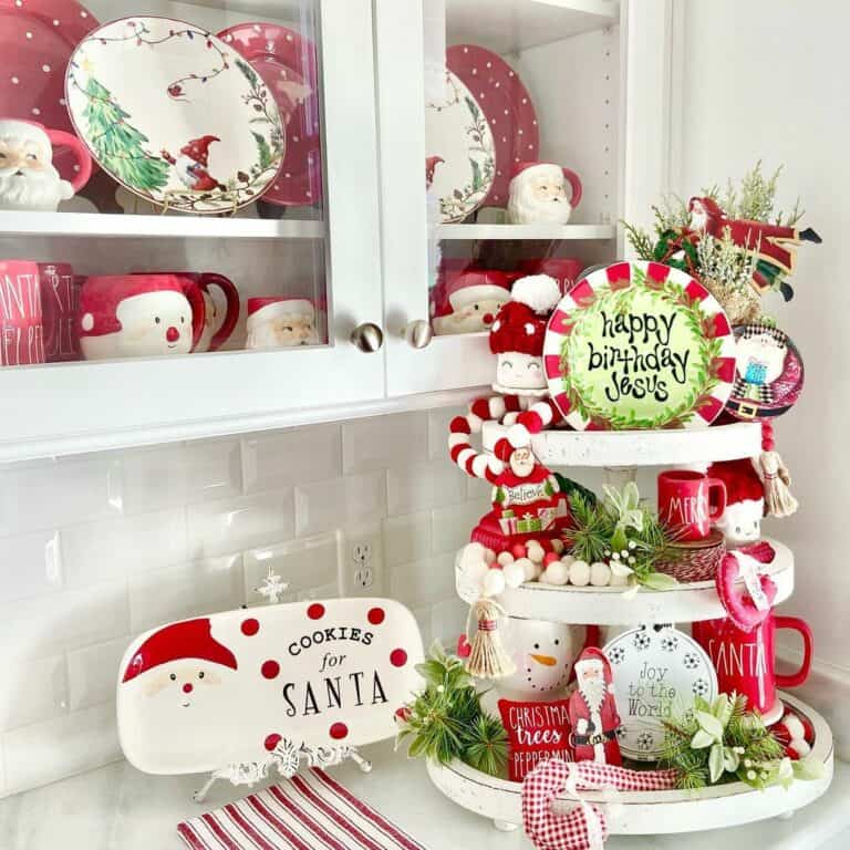 Christmas Décor in a White Kitchen Cabinet