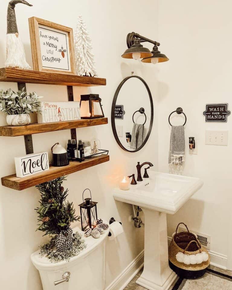 Christmas Décor on Open Wood Shelves