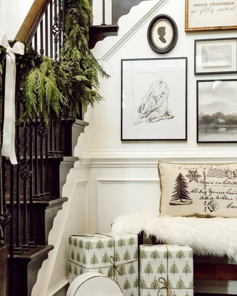 Christmas Throw Pillows and a Staircase
