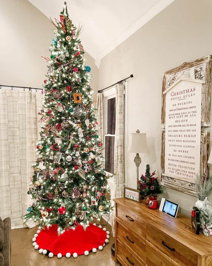 Christmas Tree With Red and White Pompom Skirt