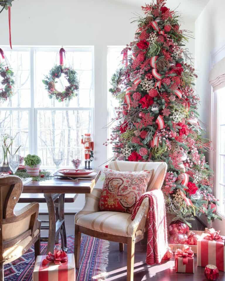 Christmas Wreaths on Windows in a Red Dining Room