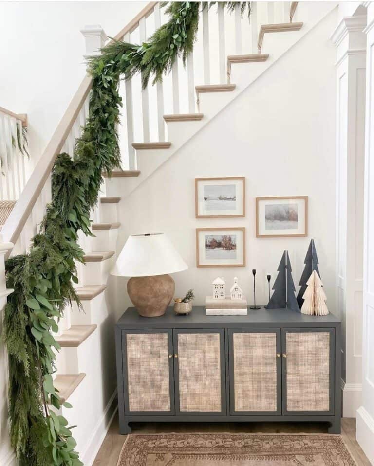 Christmas-themed White and Wooden Staircase