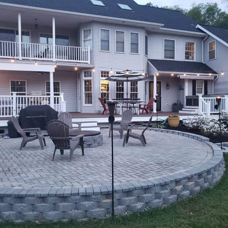 Circular Brick Patio Deck With String Lights