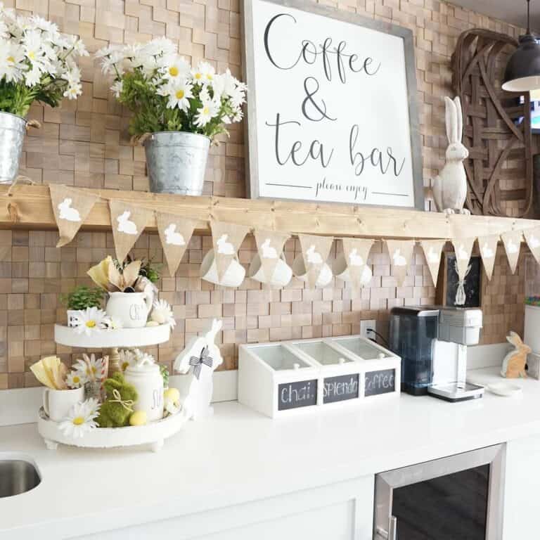 Coffee Bar With Brown Rabbit Banner and White Daisies