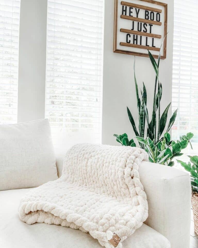 Comfy White Couch With Ivory Handmade Chenille Blanket