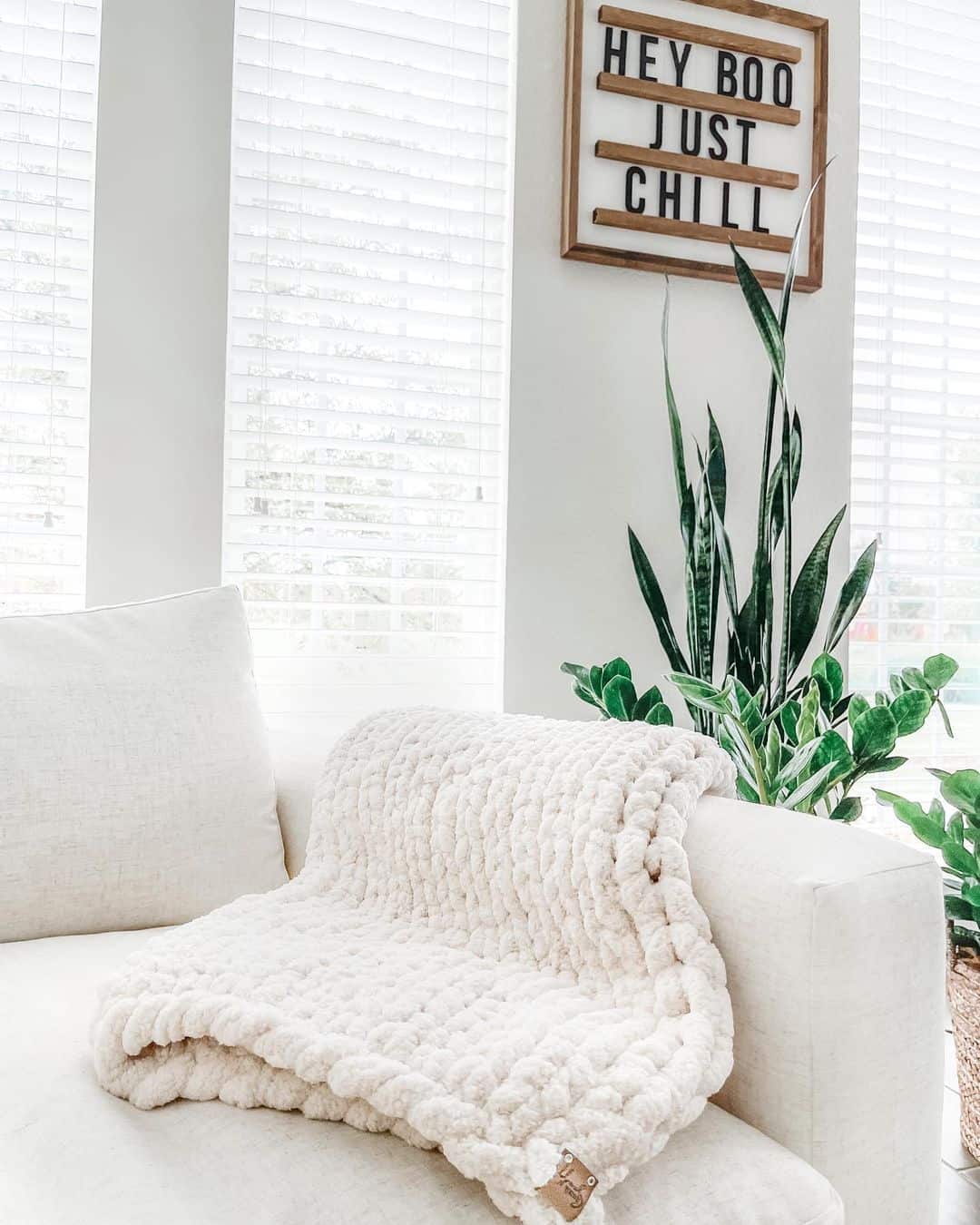 Comfy White Couch With Ivory Handmade Chenille Blanket Soul & Lane