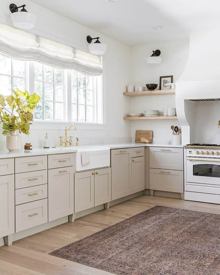 Contemporary Kitchen With Light Wood Floating Shelves