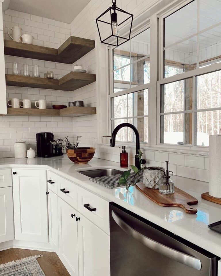 Corner Kitchen Shelves on Subway Tile Wall