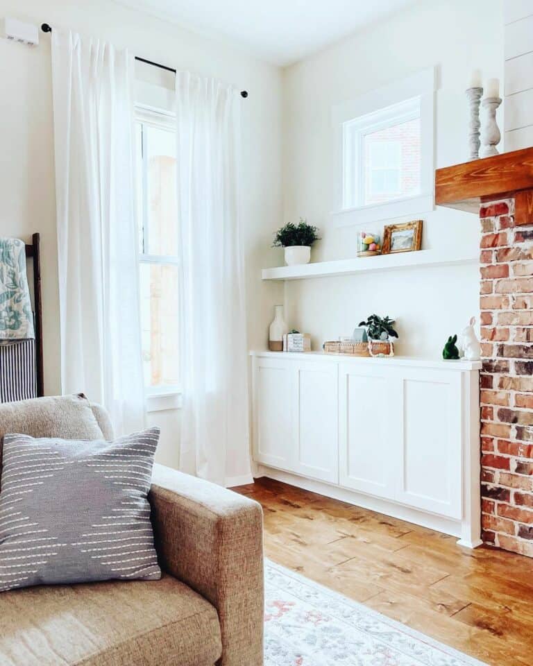 Cottage-inspired Living Room With White Floating Shelves