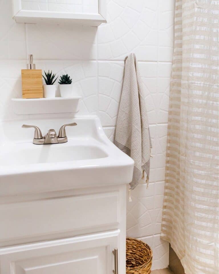 Cozy Basement Bathroom With Cream and White Shower Curtain