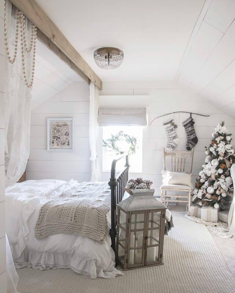 Cozy Bedroom With Massive Rustic Christmas Lantern