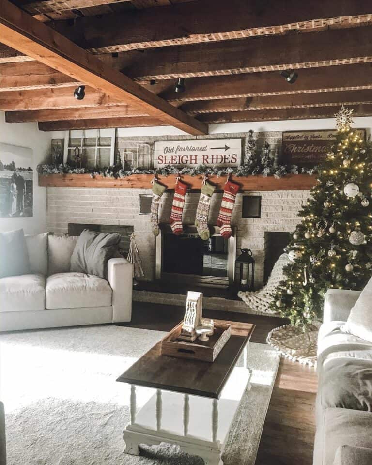Cozy Christmas Living Room With Ceiling Beams