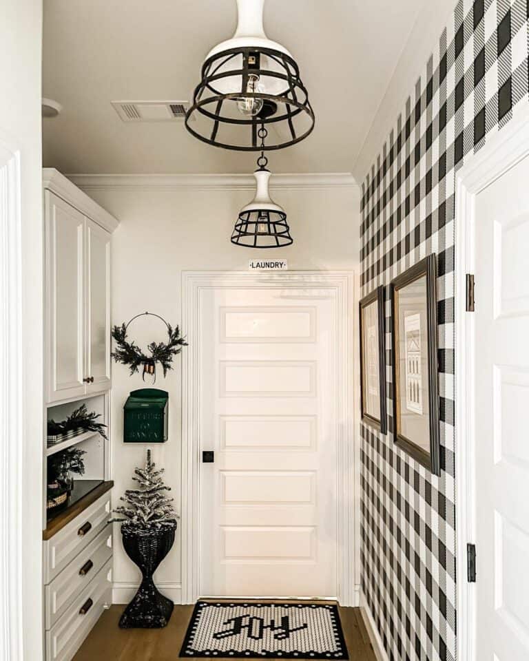 Cozy Laundry Room With Black-and-White Checkered Wallpaper
