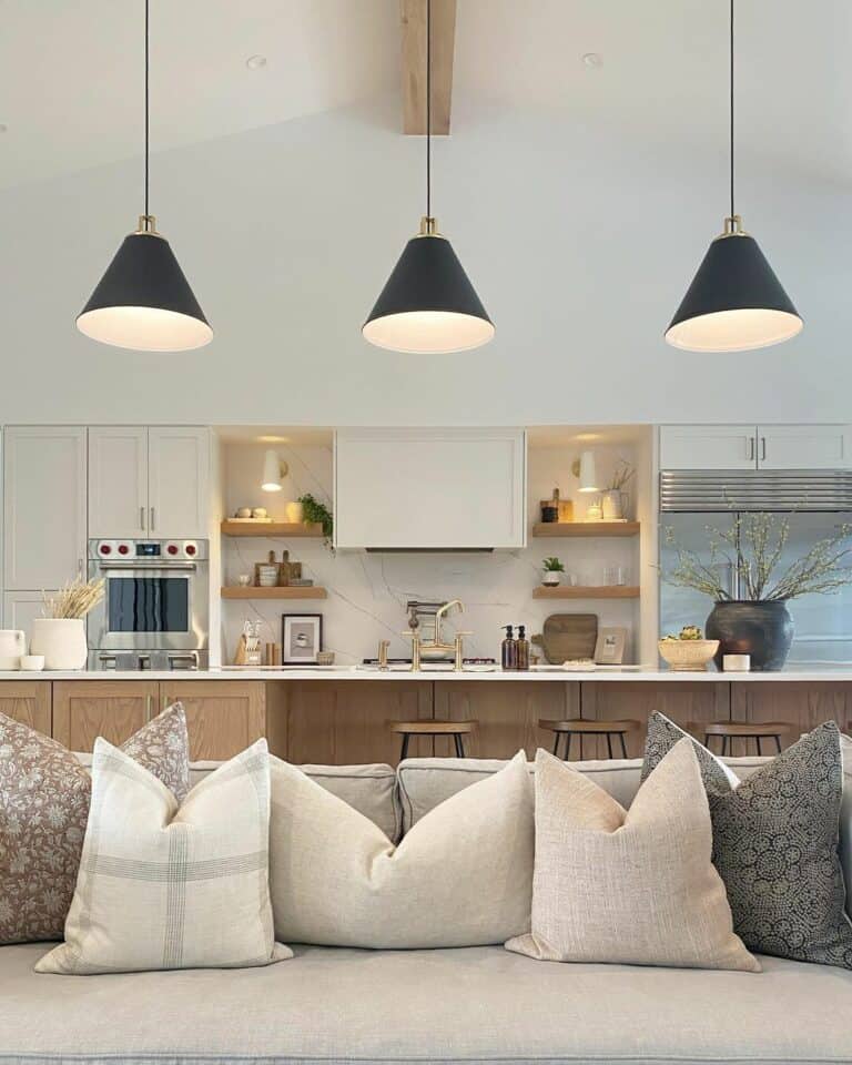 Cozy Sofa Kitchen Setup With Black-accented Lighting