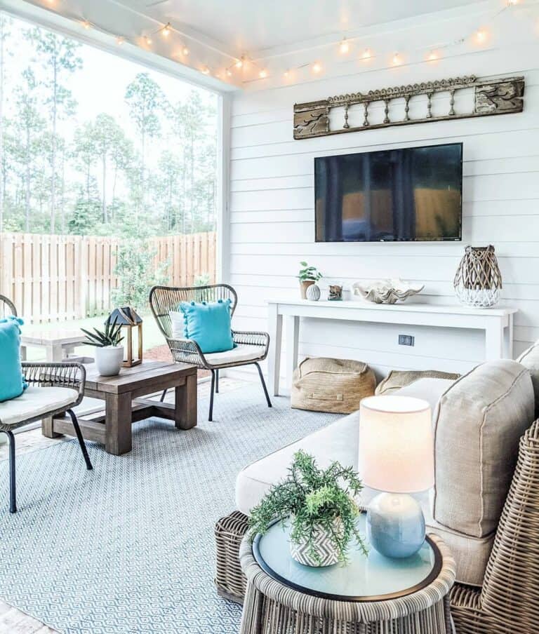 Cozy White-themed Porch With String Lights