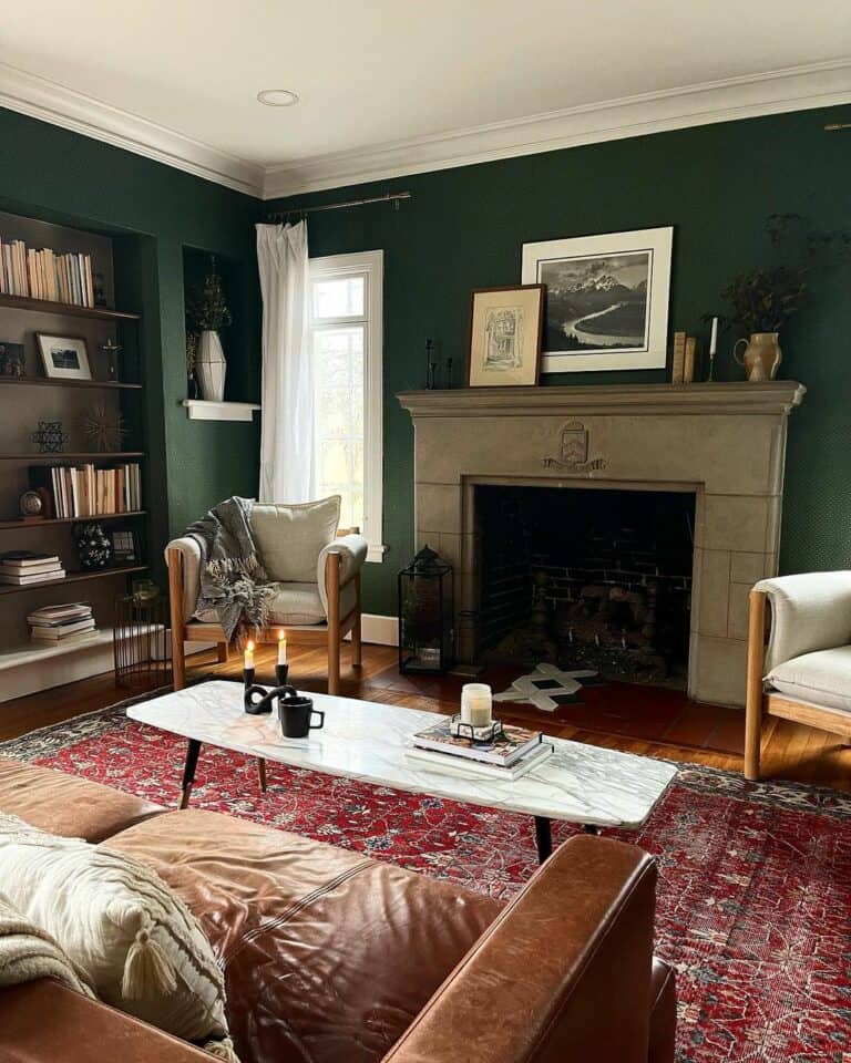 Cozy and Warm Living Room With Dark Green Walls