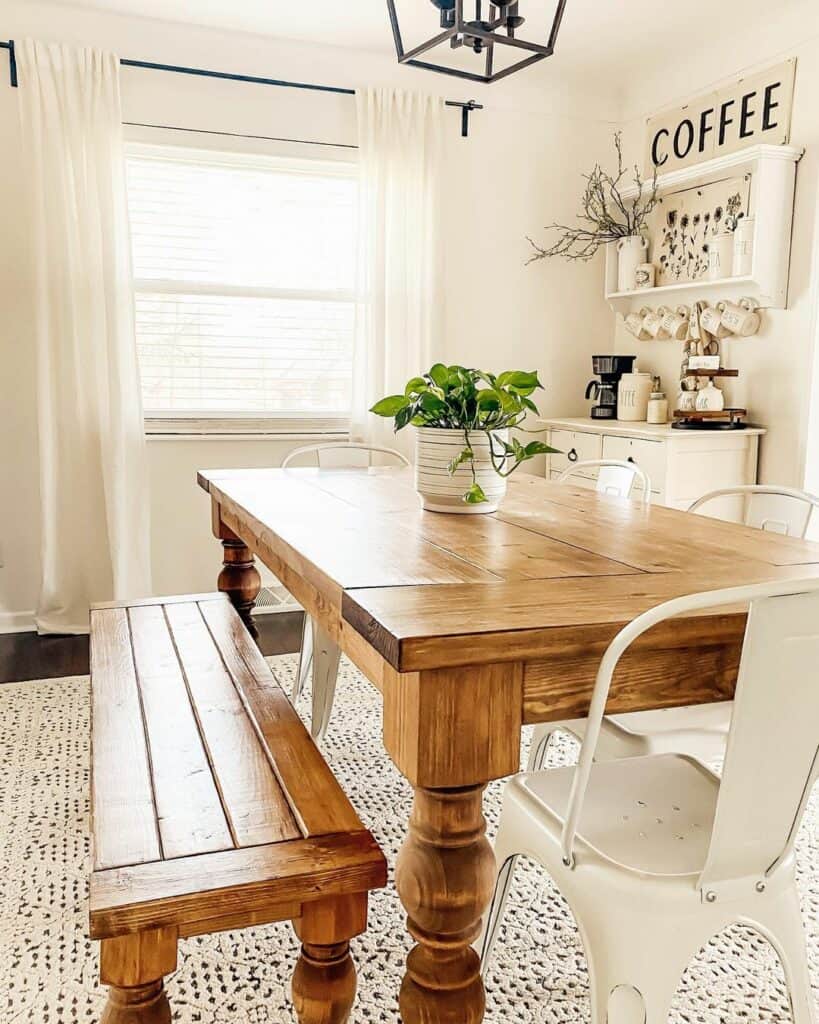 Cream Patterned Area Rug With Farmhouse Table
