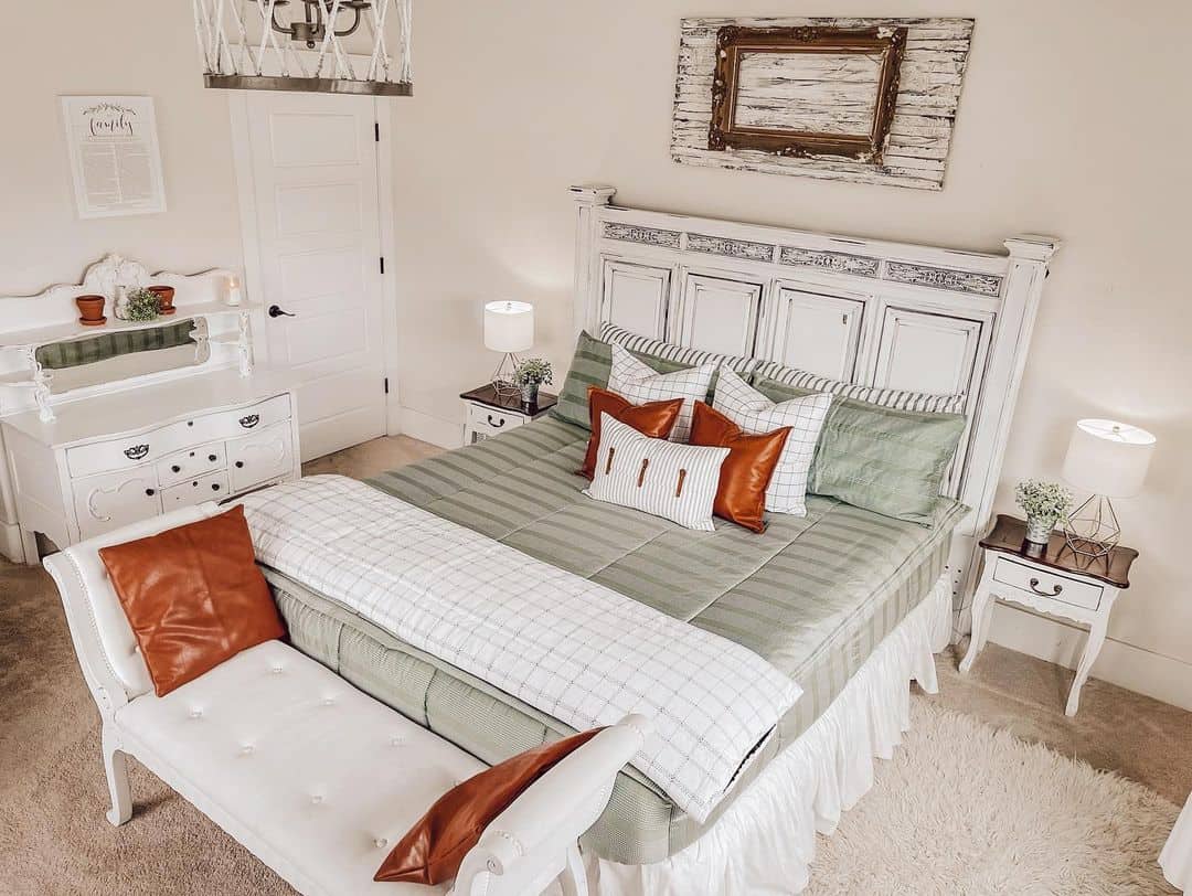 Cream, White, Sage and Burnt Orange Bedroom - Soul & Lane