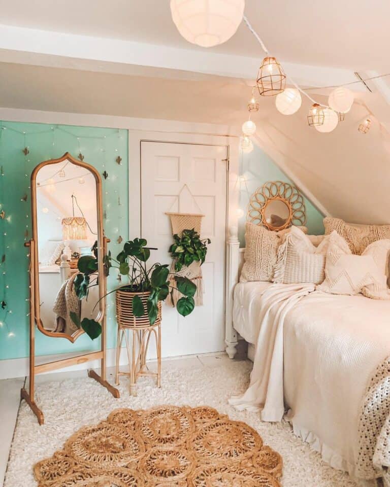 Cream and Teal Room With String Lights