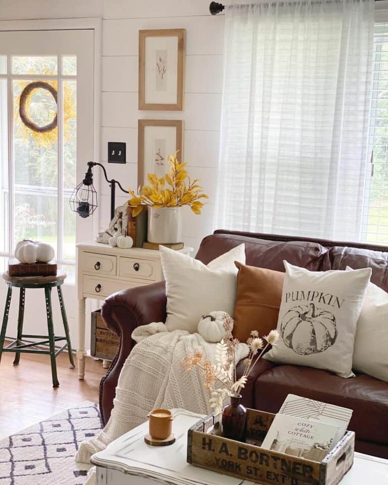 Dark Brown Couch Living Room With Farmhouse Décor