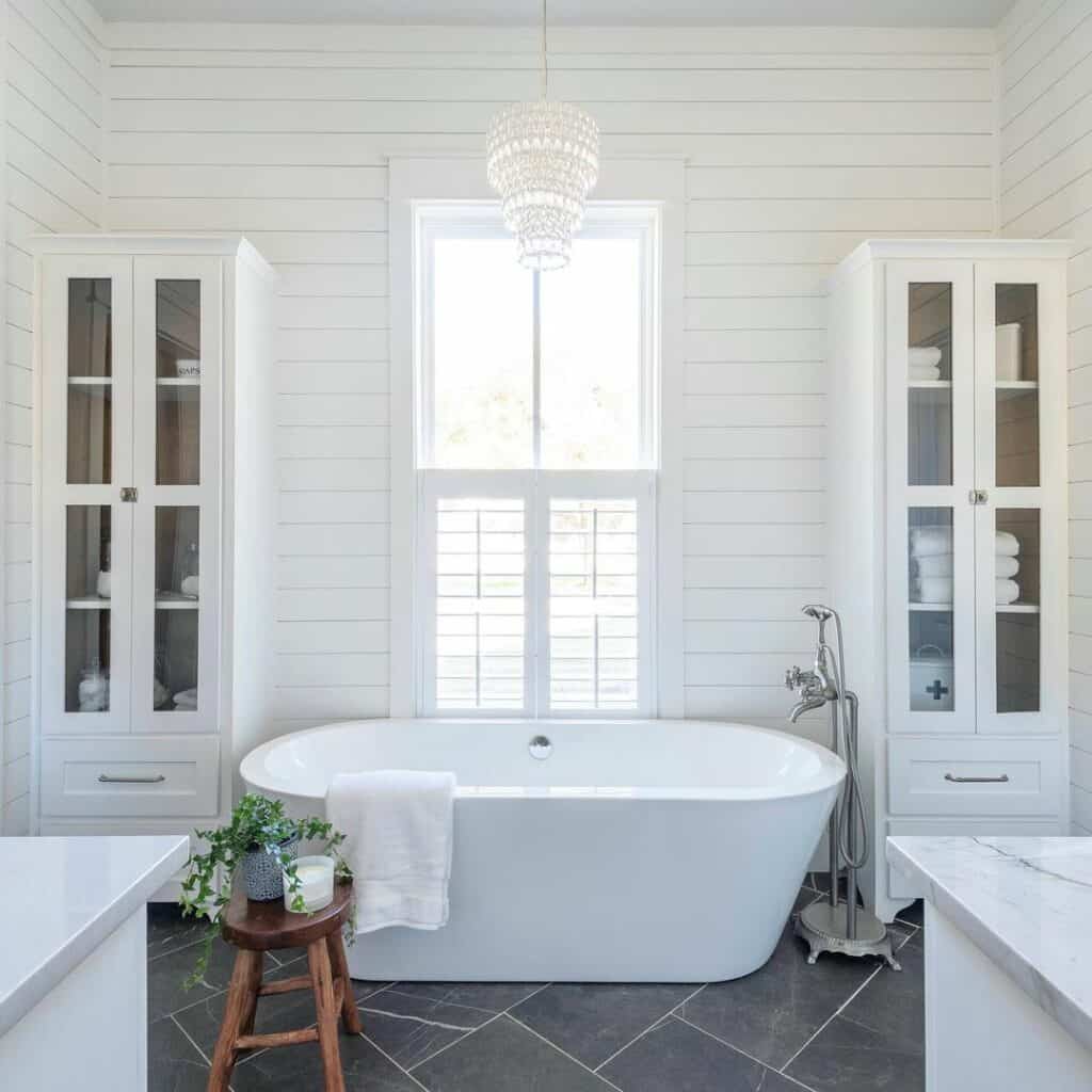 Dark Gray Bathroom Tile Flooring Ideas for White Shiplap Bathroom