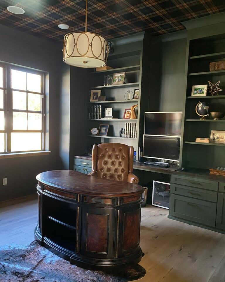 Dark Office With Built-in Cabinets