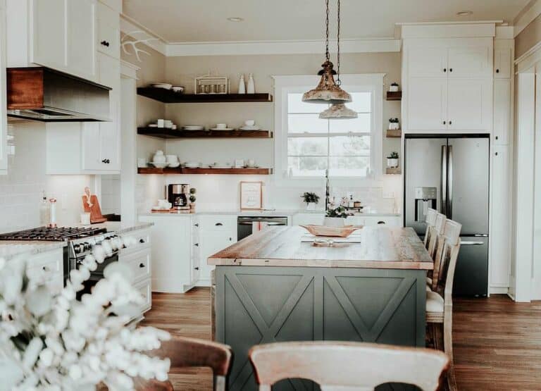 Dark Wood Floating Shelves on Off-White Kitchen Wall