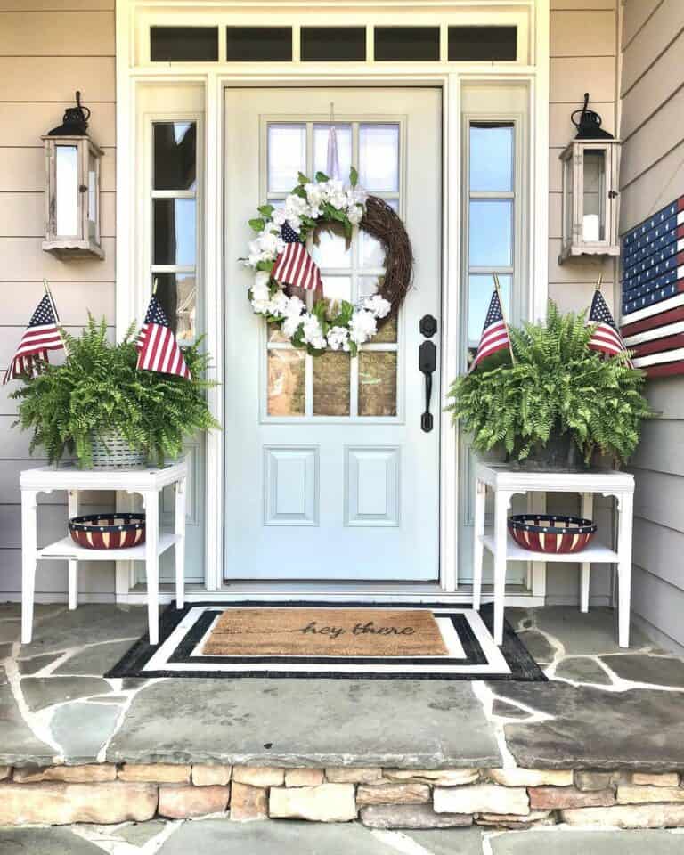 Delightful Front Porch Memorial Day Display With Flag Accents